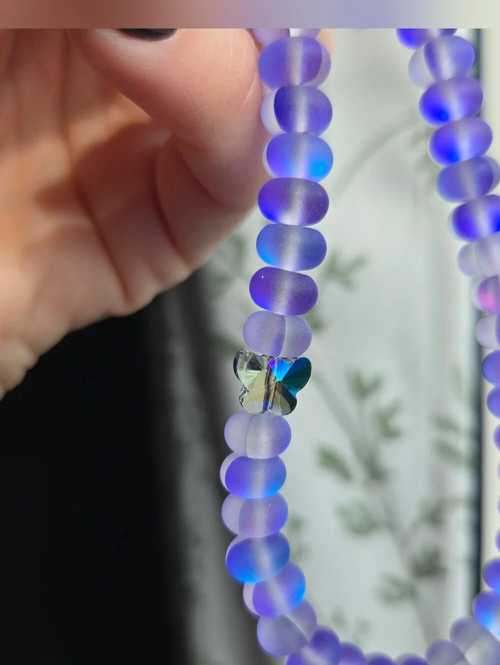 Handcrafted Purple Matte Glass Butterfly Beaded Phone Wrist Strap